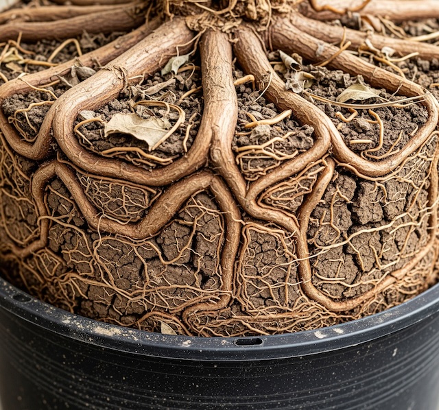 “플라스틱 화분 속의 꼬인 뿌리와 말라 있는 흙”